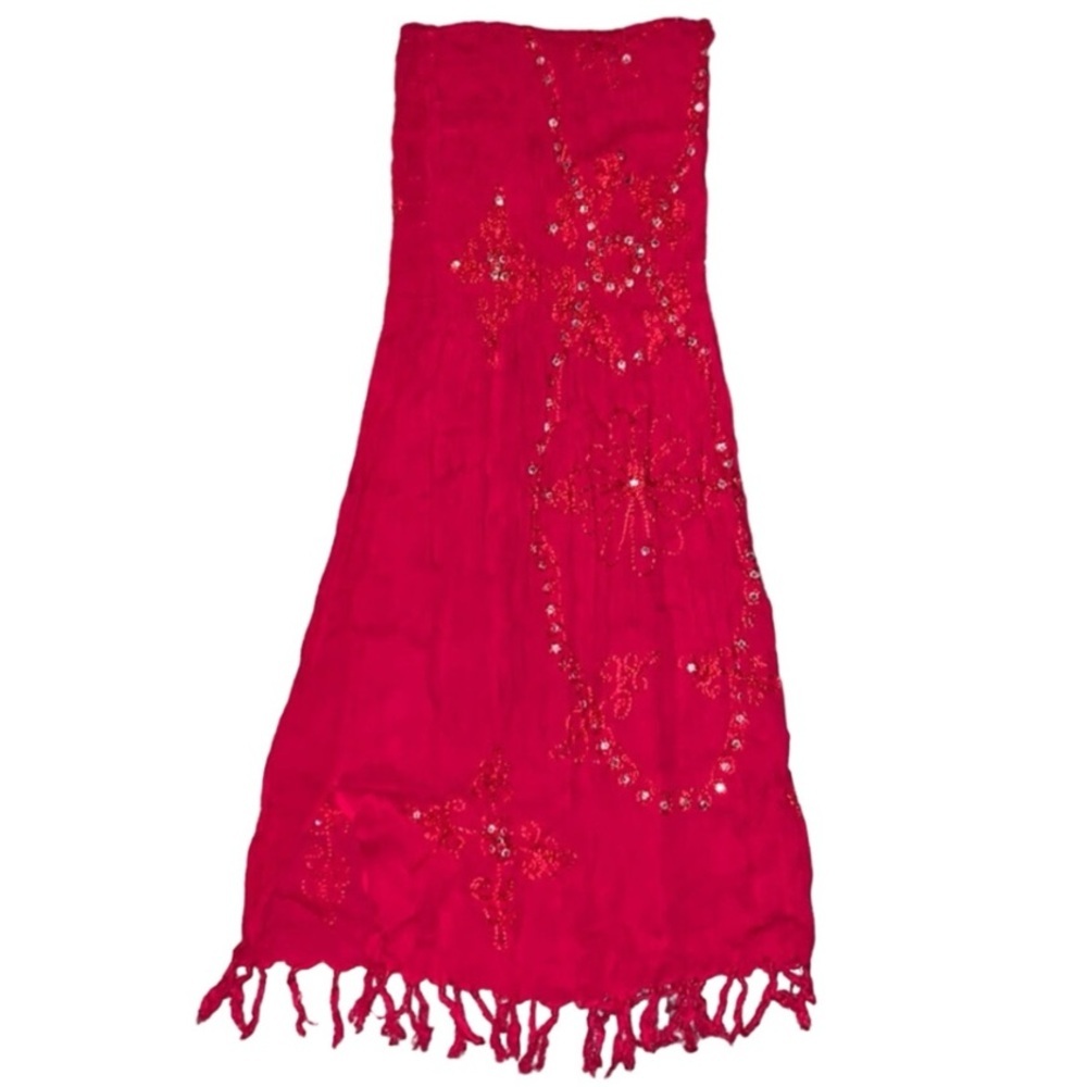 Beach Red Sequin Strapless Stretch Fringe Dress Skirt Coverup XS/S